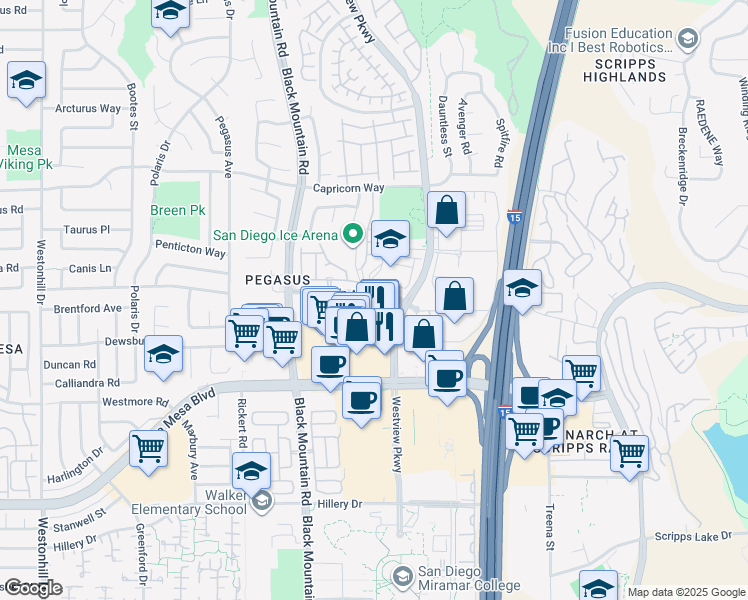 map of restaurants, bars, coffee shops, grocery stores, and more near 9548 Galvin Avenue in San Diego
