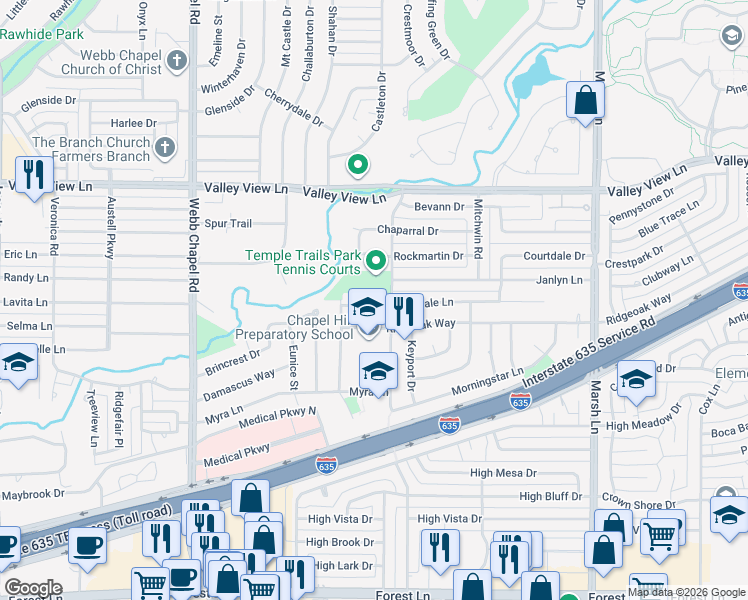 map of restaurants, bars, coffee shops, grocery stores, and more near 3335 Cloverdale Lane in Farmers Branch
