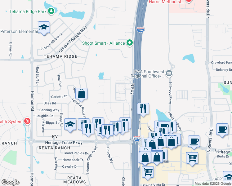 map of restaurants, bars, coffee shops, grocery stores, and more near 10004 Tule Lake Road in Fort Worth