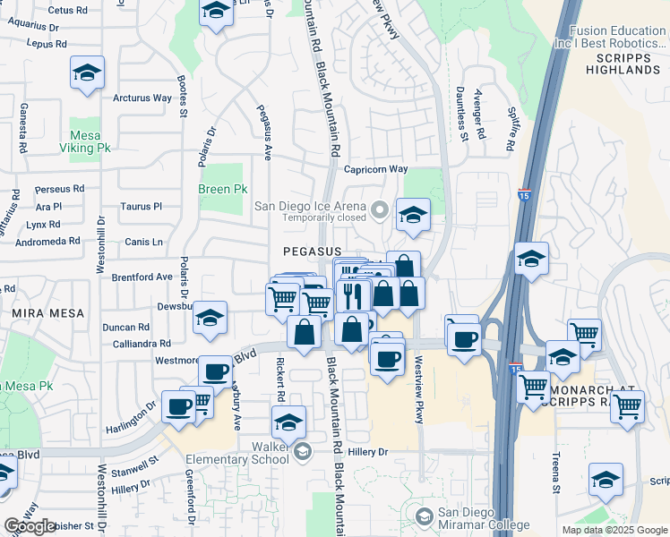 map of restaurants, bars, coffee shops, grocery stores, and more near 9310 Galvin Avenue in San Diego