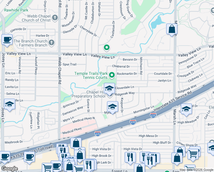map of restaurants, bars, coffee shops, grocery stores, and more near 3335 Cloverdale Lane in Farmers Branch