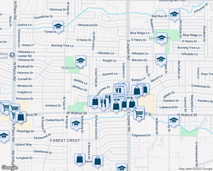 map of restaurants, bars, coffee shops, grocery stores, and more near 3714 Bobbie Lane in Garland