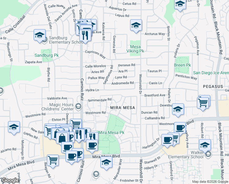 map of restaurants, bars, coffee shops, grocery stores, and more near 8559 Hydra Ln in San Diego