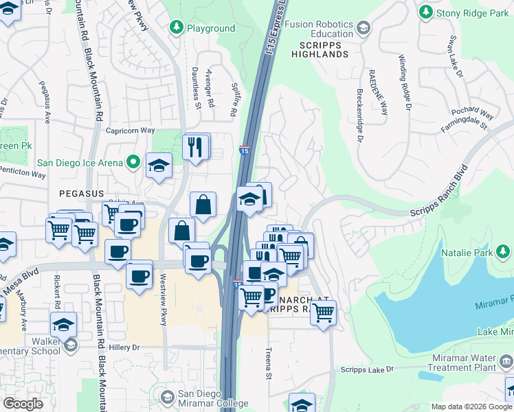 map of restaurants, bars, coffee shops, grocery stores, and more near 9878 Erma Road in San Diego
