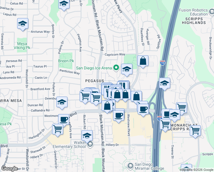 map of restaurants, bars, coffee shops, grocery stores, and more near 9516 Galvin Avenue in San Diego