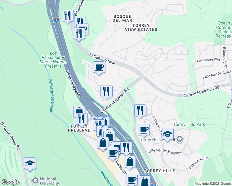 map of restaurants, bars, coffee shops, grocery stores, and more near 3777 Torrey View Court in San Diego
