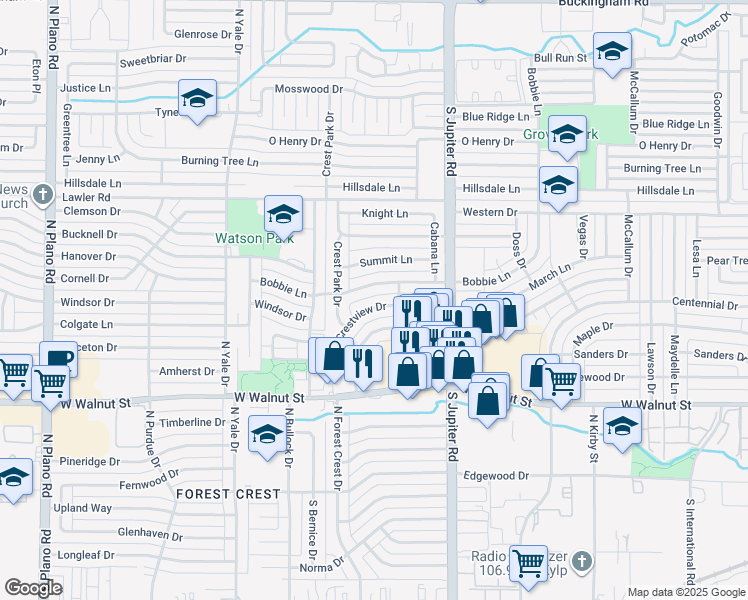 map of restaurants, bars, coffee shops, grocery stores, and more near 3714 Bobbie Lane in Garland