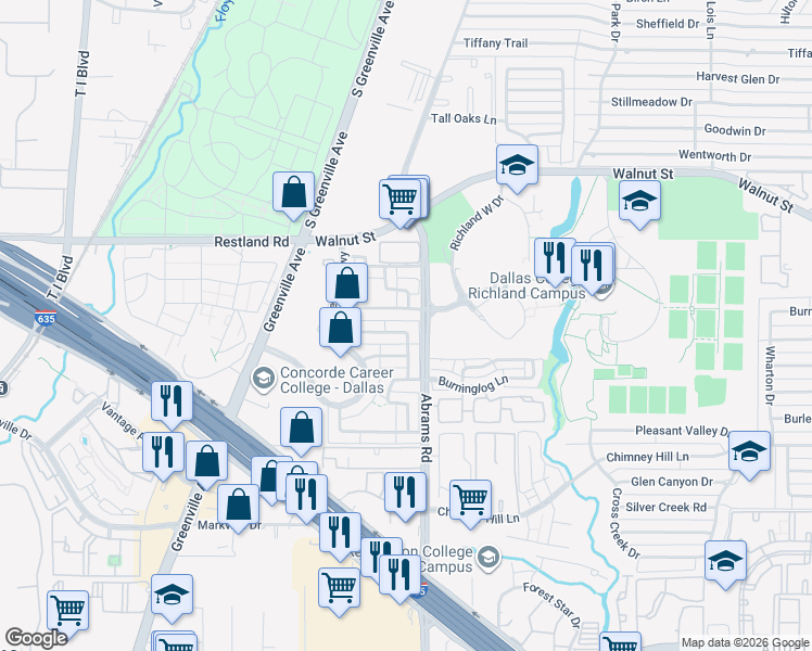 map of restaurants, bars, coffee shops, grocery stores, and more near 9234 Flickering Shadow Drive in Dallas