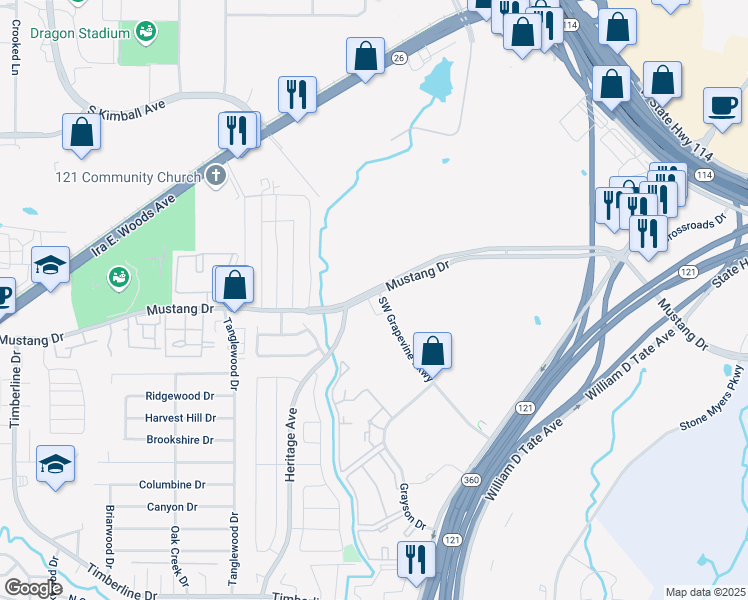 map of restaurants, bars, coffee shops, grocery stores, and more near 2311 Mustang Drive in Grapevine