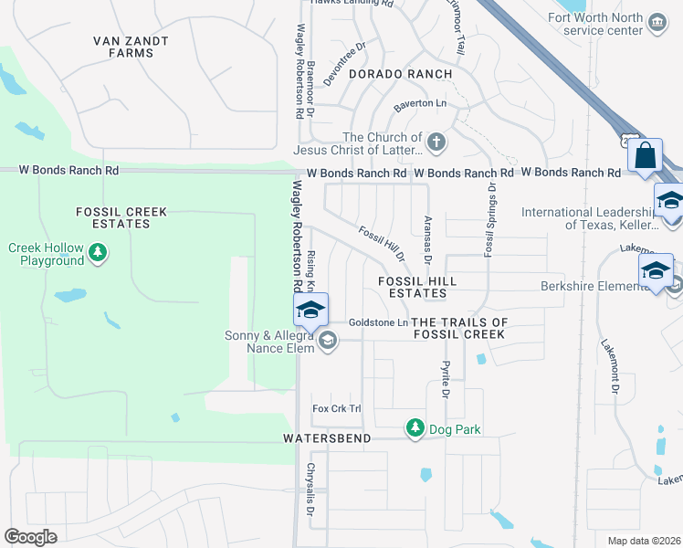 map of restaurants, bars, coffee shops, grocery stores, and more near 10449 Hideaway Trail in Fort Worth