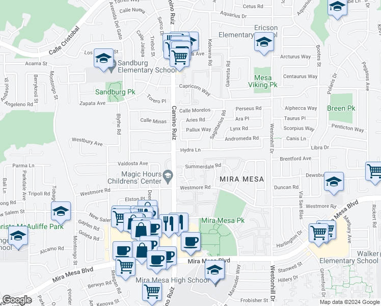 map of restaurants, bars, coffee shops, grocery stores, and more near 8415 Hydra Lane in San Diego