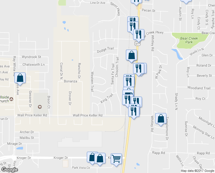 map of restaurants, bars, coffee shops, grocery stores, and more near 200 Shawnee Trail in Keller