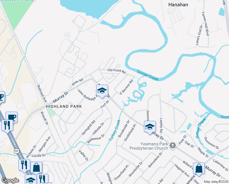 map of restaurants, bars, coffee shops, grocery stores, and more near 1022 East Recess Road in Hanahan
