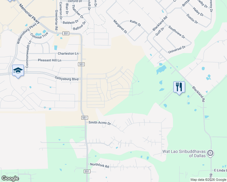 map of restaurants, bars, coffee shops, grocery stores, and more near 169 Miller Lane in Royse City