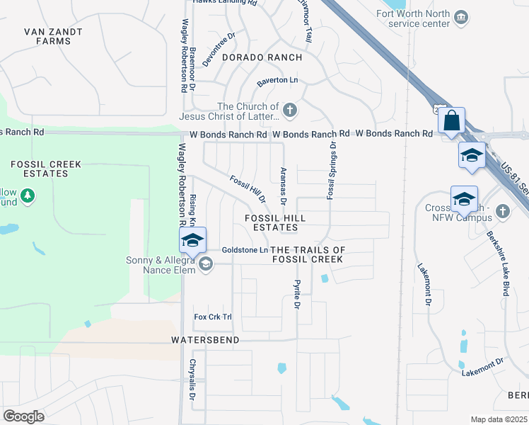map of restaurants, bars, coffee shops, grocery stores, and more near 10448 Fossil Hill Drive in Fort Worth