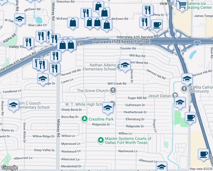 map of restaurants, bars, coffee shops, grocery stores, and more near 4526 Mill Creek Road in Dallas