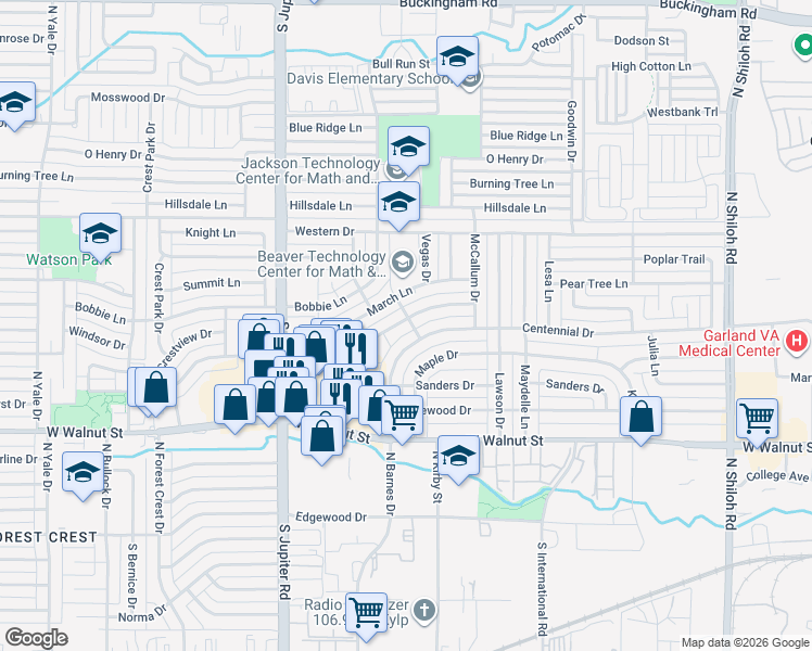 map of restaurants, bars, coffee shops, grocery stores, and more near 3202 Lariat Lane in Garland