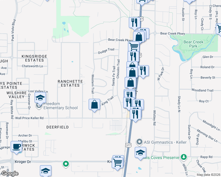 map of restaurants, bars, coffee shops, grocery stores, and more near 200 Shawnee Trail in Keller