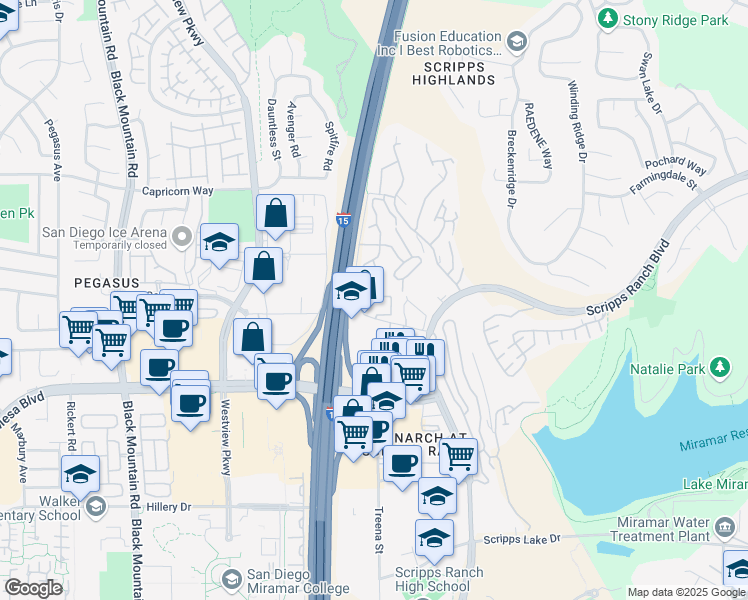 map of restaurants, bars, coffee shops, grocery stores, and more near 9878 Erma Road in San Diego