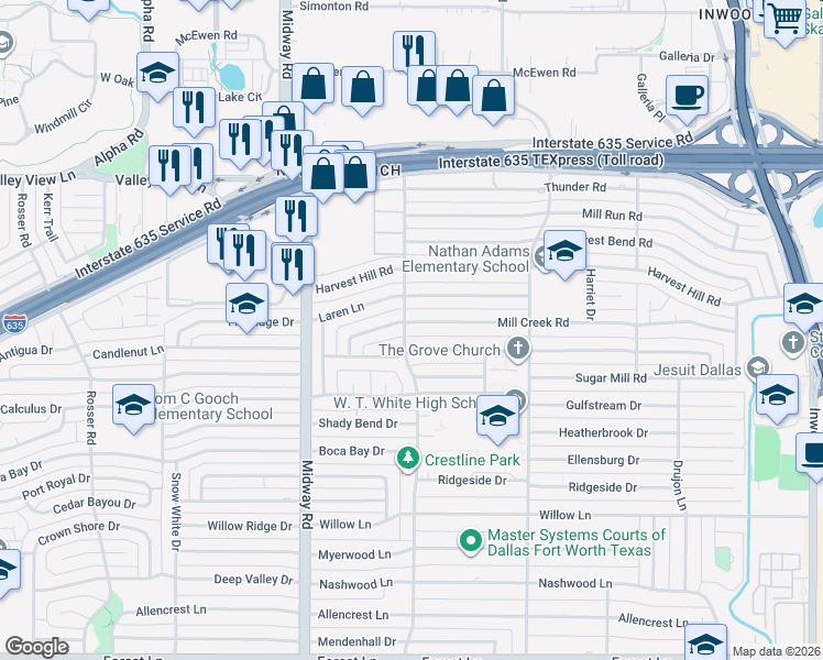 map of restaurants, bars, coffee shops, grocery stores, and more near 4408 Mill Creek Rd in Dallas