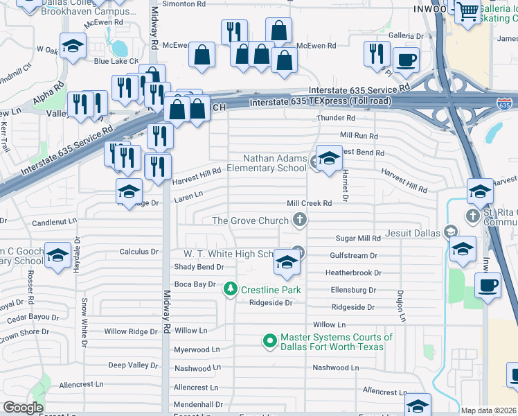 map of restaurants, bars, coffee shops, grocery stores, and more near 4446 Mill Creek Road in Dallas