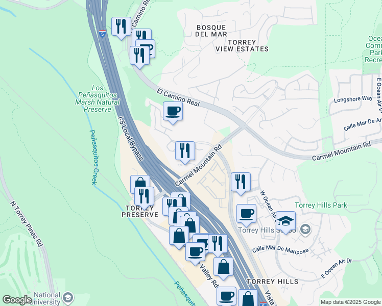 map of restaurants, bars, coffee shops, grocery stores, and more near 3767 Torrey View Court in San Diego