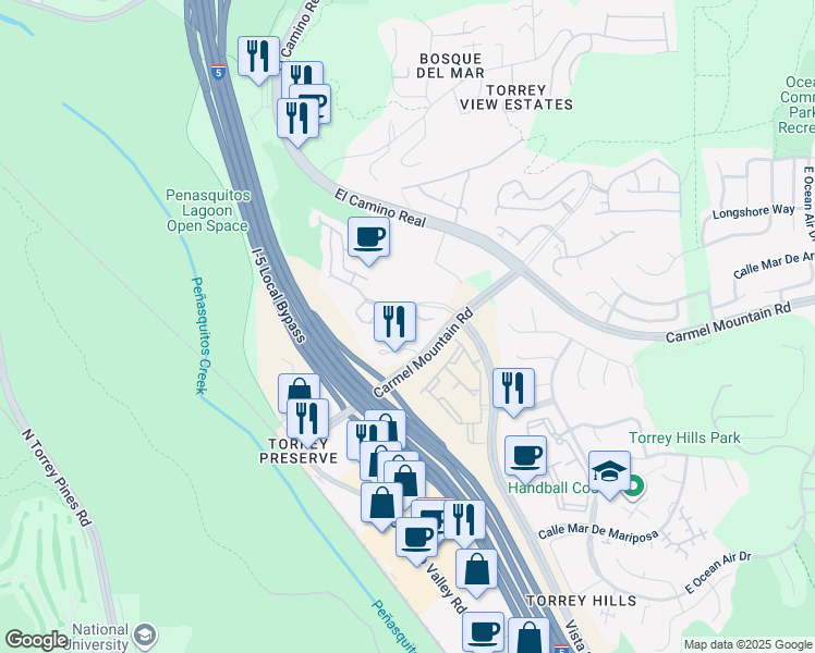 map of restaurants, bars, coffee shops, grocery stores, and more near 3767 Torrey View Court in San Diego