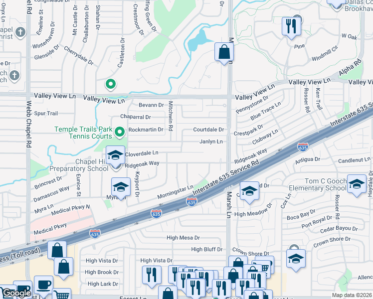 map of restaurants, bars, coffee shops, grocery stores, and more near 3537 Cloverdale Lane in Farmers Branch