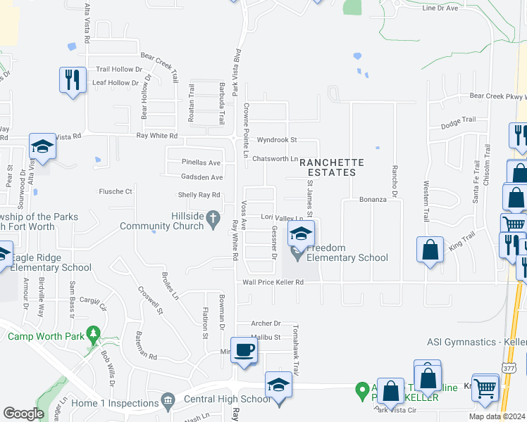 map of restaurants, bars, coffee shops, grocery stores, and more near 5225 Lori Valley Lane in Fort Worth