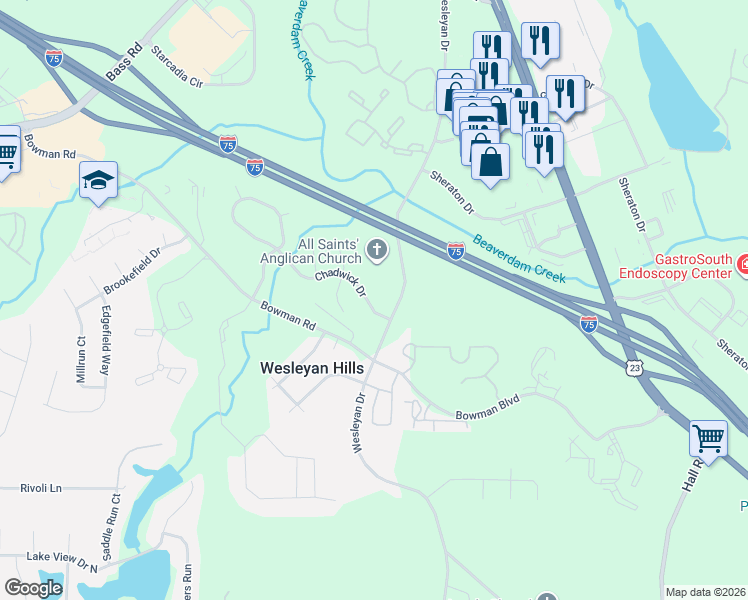 map of restaurants, bars, coffee shops, grocery stores, and more near 110 Chadwick Drive in Macon