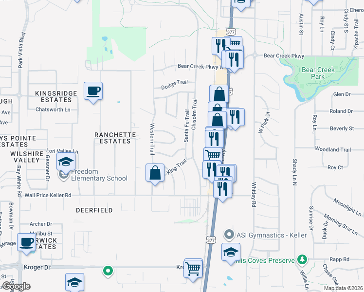 map of restaurants, bars, coffee shops, grocery stores, and more near 200 Shawnee Trail in Keller