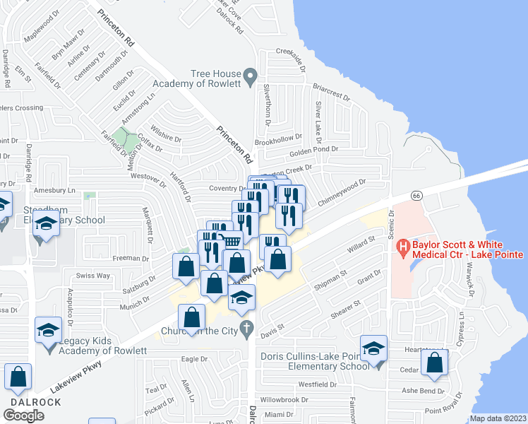 map of restaurants, bars, coffee shops, grocery stores, and more near 6702 Dalrock Road in Rowlett