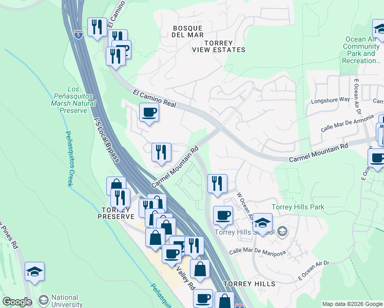 map of restaurants, bars, coffee shops, grocery stores, and more near 3799 Carmel Mountain Road in San Diego
