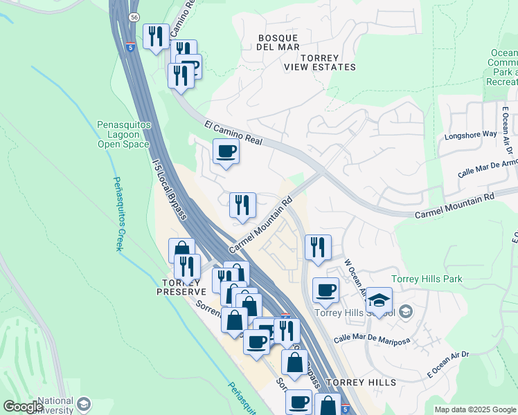 map of restaurants, bars, coffee shops, grocery stores, and more near 3777 Torrey View Court in San Diego