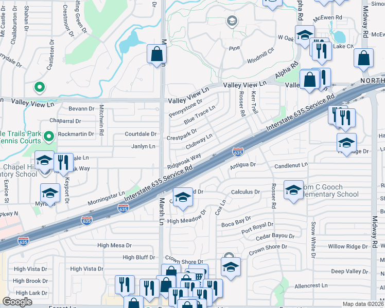 map of restaurants, bars, coffee shops, grocery stores, and more near 3807 Ridgeoak Way in Farmers Branch