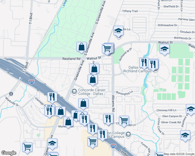 map of restaurants, bars, coffee shops, grocery stores, and more near 9200 Chimney Corner in Dallas