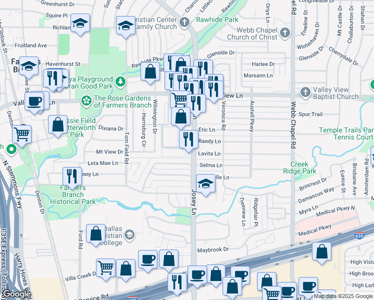 map of restaurants, bars, coffee shops, grocery stores, and more near in Farmers Branch