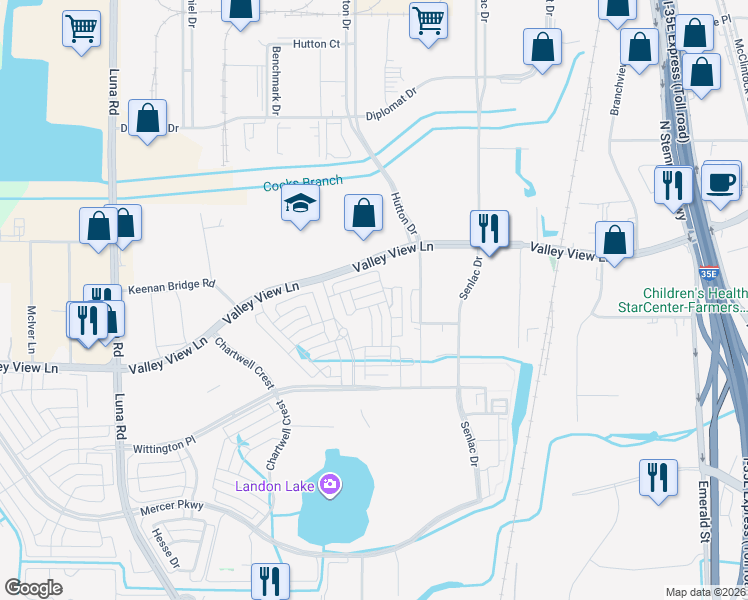 map of restaurants, bars, coffee shops, grocery stores, and more near 1930 Valley View Lane in Farmers Branch