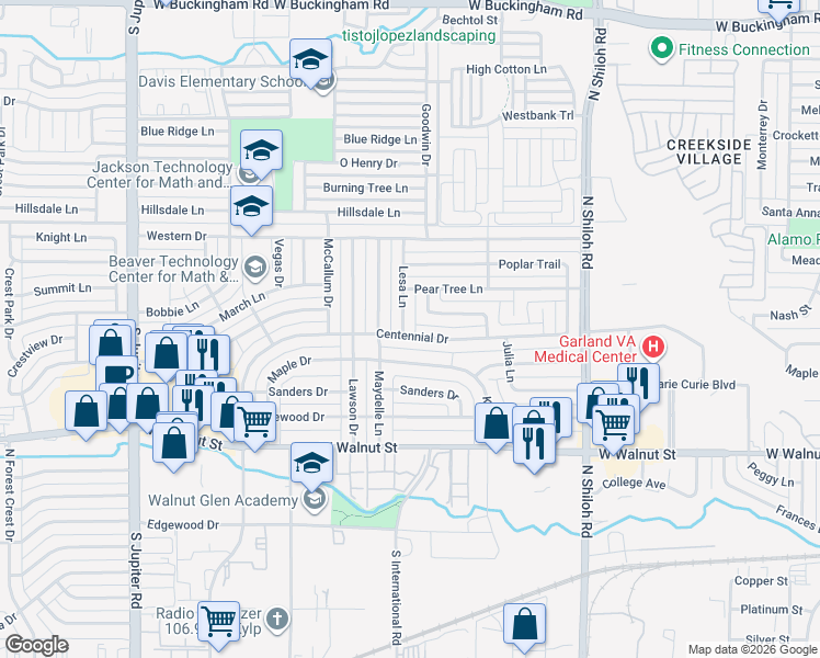 map of restaurants, bars, coffee shops, grocery stores, and more near 902 Lesa Lane in Garland