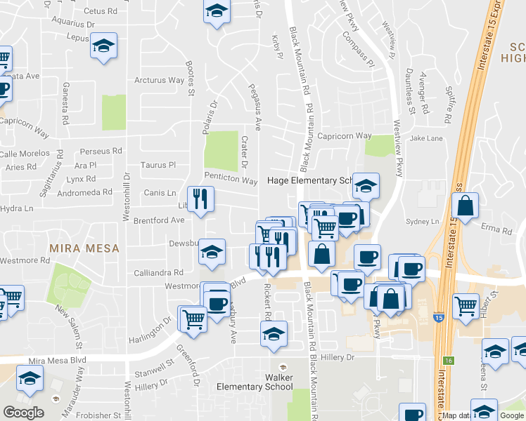 map of restaurants, bars, coffee shops, grocery stores, and more near 10993 Pegasus Avenue in San Diego
