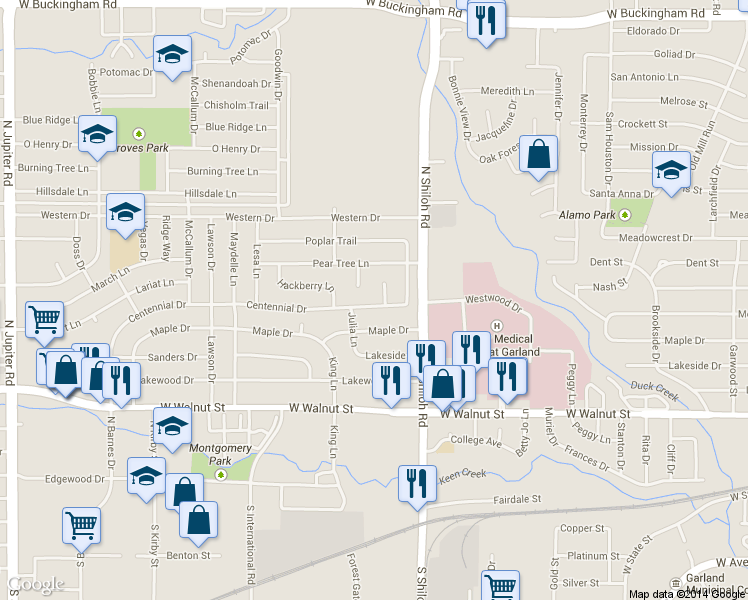 map of restaurants, bars, coffee shops, grocery stores, and more near 2605 Centennial Drive in Garland