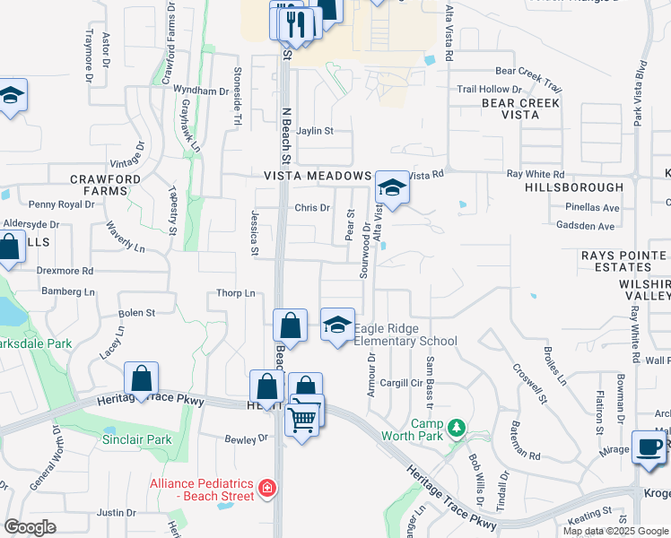 map of restaurants, bars, coffee shops, grocery stores, and more near 4612 Vista Meadows Drive in Fort Worth