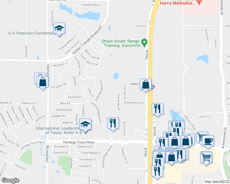 map of restaurants, bars, coffee shops, grocery stores, and more near 10008 Bodega Bay Road in Fort Worth