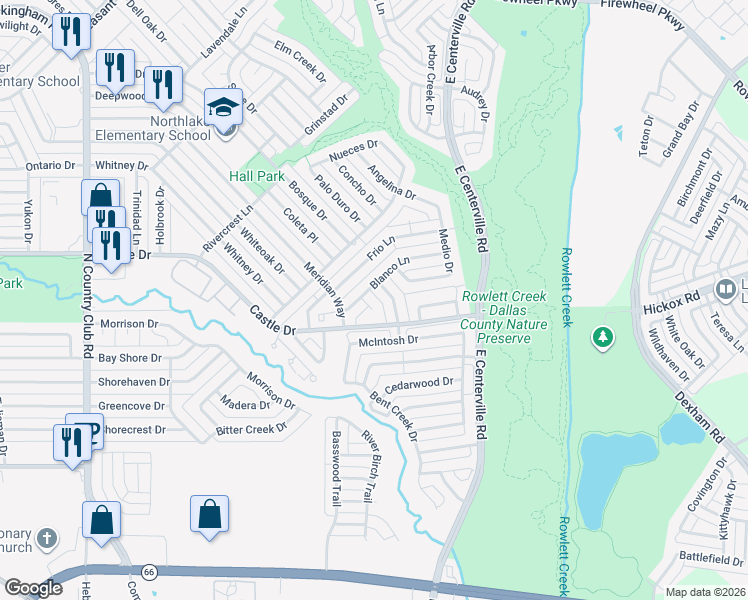 map of restaurants, bars, coffee shops, grocery stores, and more near 1226 Blanco Circle in Garland