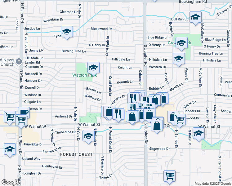 map of restaurants, bars, coffee shops, grocery stores, and more near 3714 Bobbie Lane in Garland