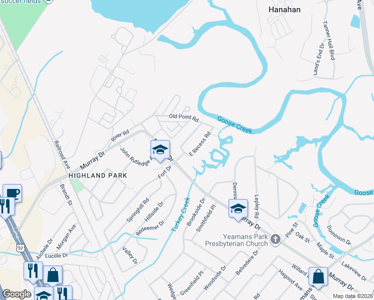 map of restaurants, bars, coffee shops, grocery stores, and more near 1022 E Recess Rd in Hanahan