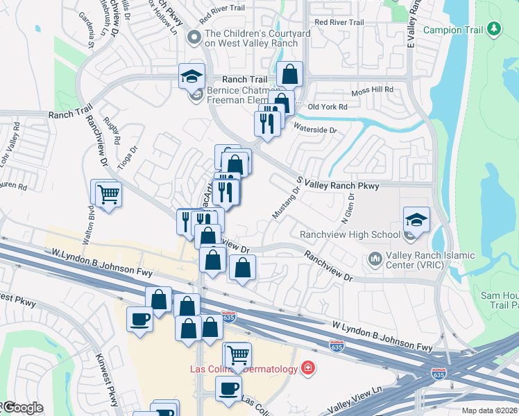 map of restaurants, bars, coffee shops, grocery stores, and more near 8400 Mustang Dr in Irving