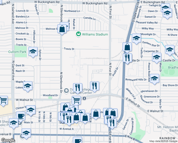 map of restaurants, bars, coffee shops, grocery stores, and more near 640 North 4th Street in Garland