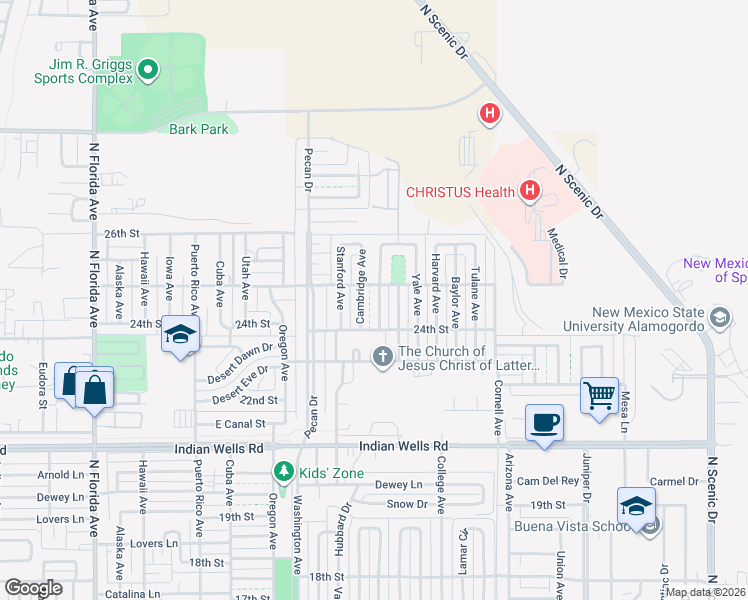 map of restaurants, bars, coffee shops, grocery stores, and more near 2411 Westminster Ave in Alamogordo