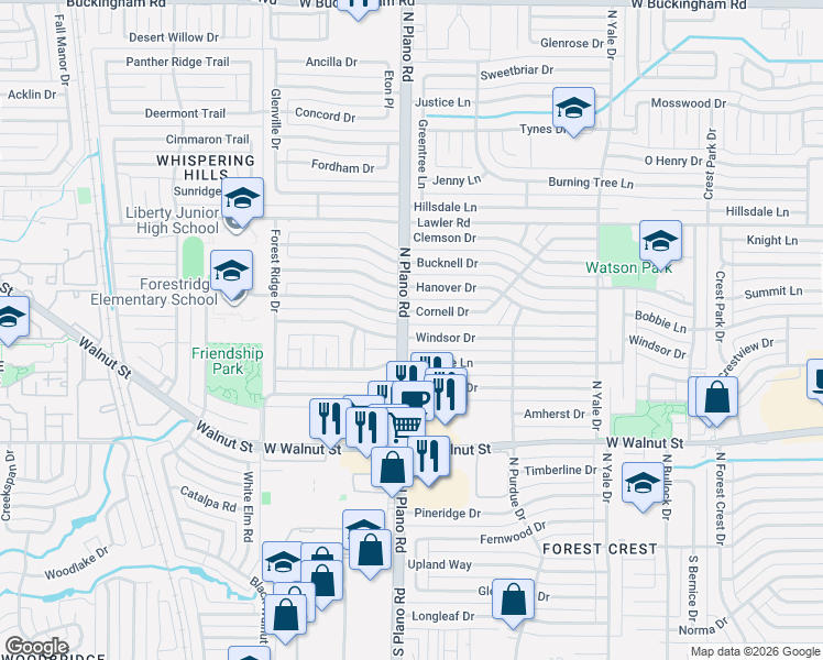 map of restaurants, bars, coffee shops, grocery stores, and more near 4501 Windsor Drive in Garland